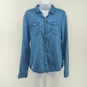 Ashley Denim Shirt Womens Large Denim Pearl Snap Polka Dot Western Cowgirl